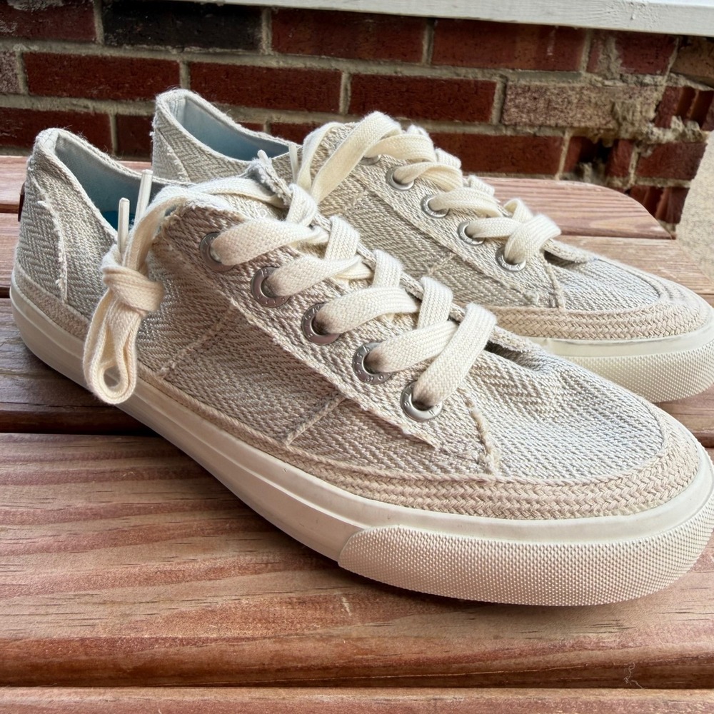 Blowfish Malibu Women 8.5 Cream Herringbone Lace Up Sneaker Platform Distressed